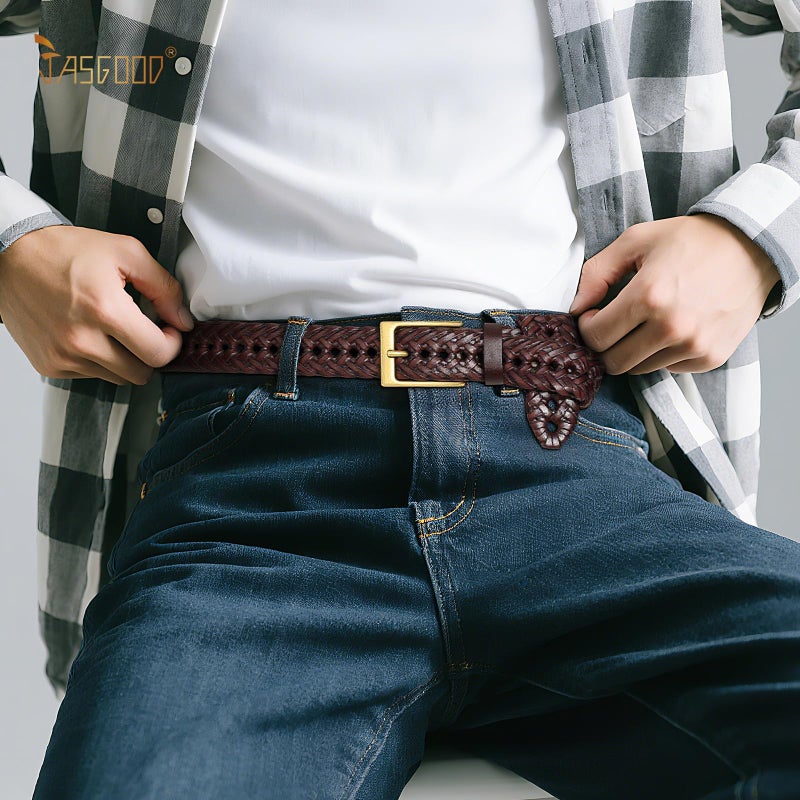 JASGOOD Men's Braided Leather Belt, Braided Woven Belt for Men Casual Jeans with Solid Strap Single Prong Buckle (B-Brown,Suit for Pant Size 32-37 inch) - Image 5